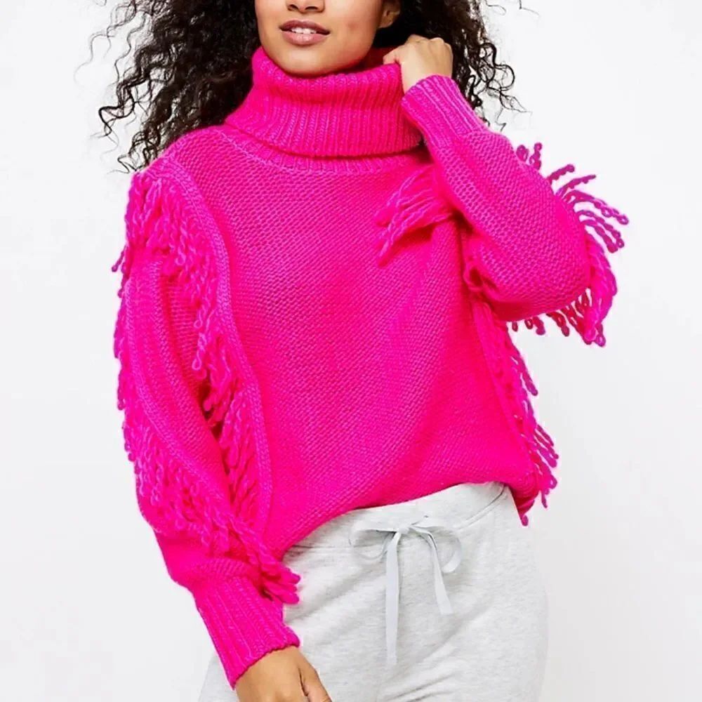 Lou & Grey hot pink fringe turtleneck sweater